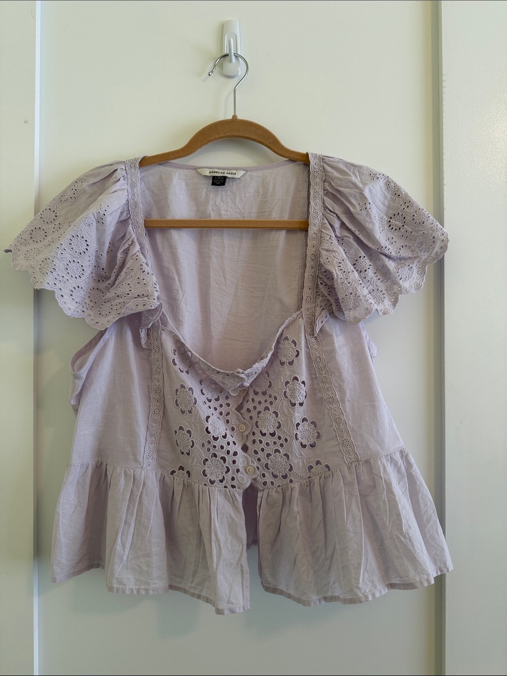 American Eagle Outfitters Lavender Eyelet Flutter Peplum Top